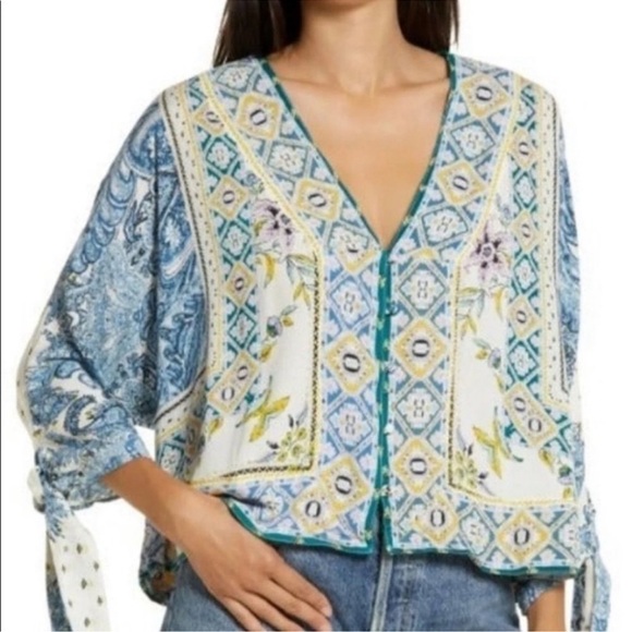 Free People Tops - Free People Lola Floral Kimono Crop  Mixed Print Tie Butterfly Sleeves Size XS=